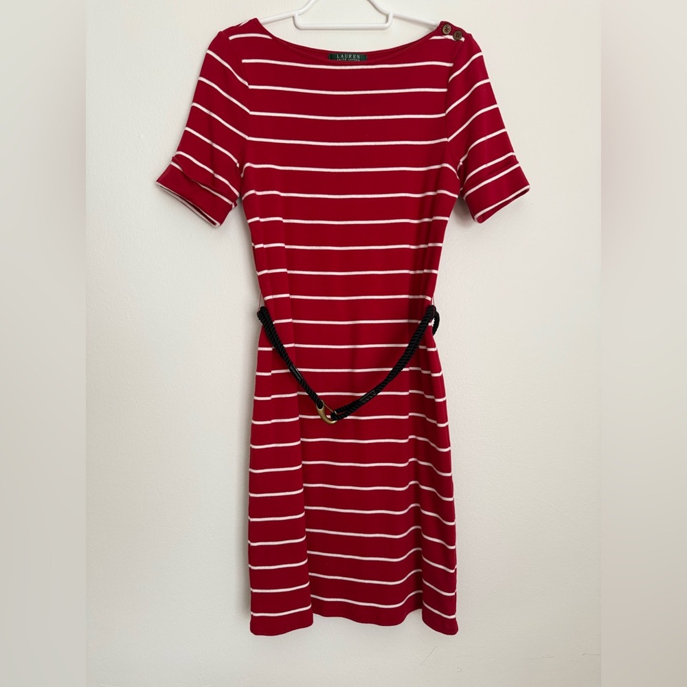 Lauren Ralph Lauren Red and White Striped Mini Dress with Belt. Sz.S